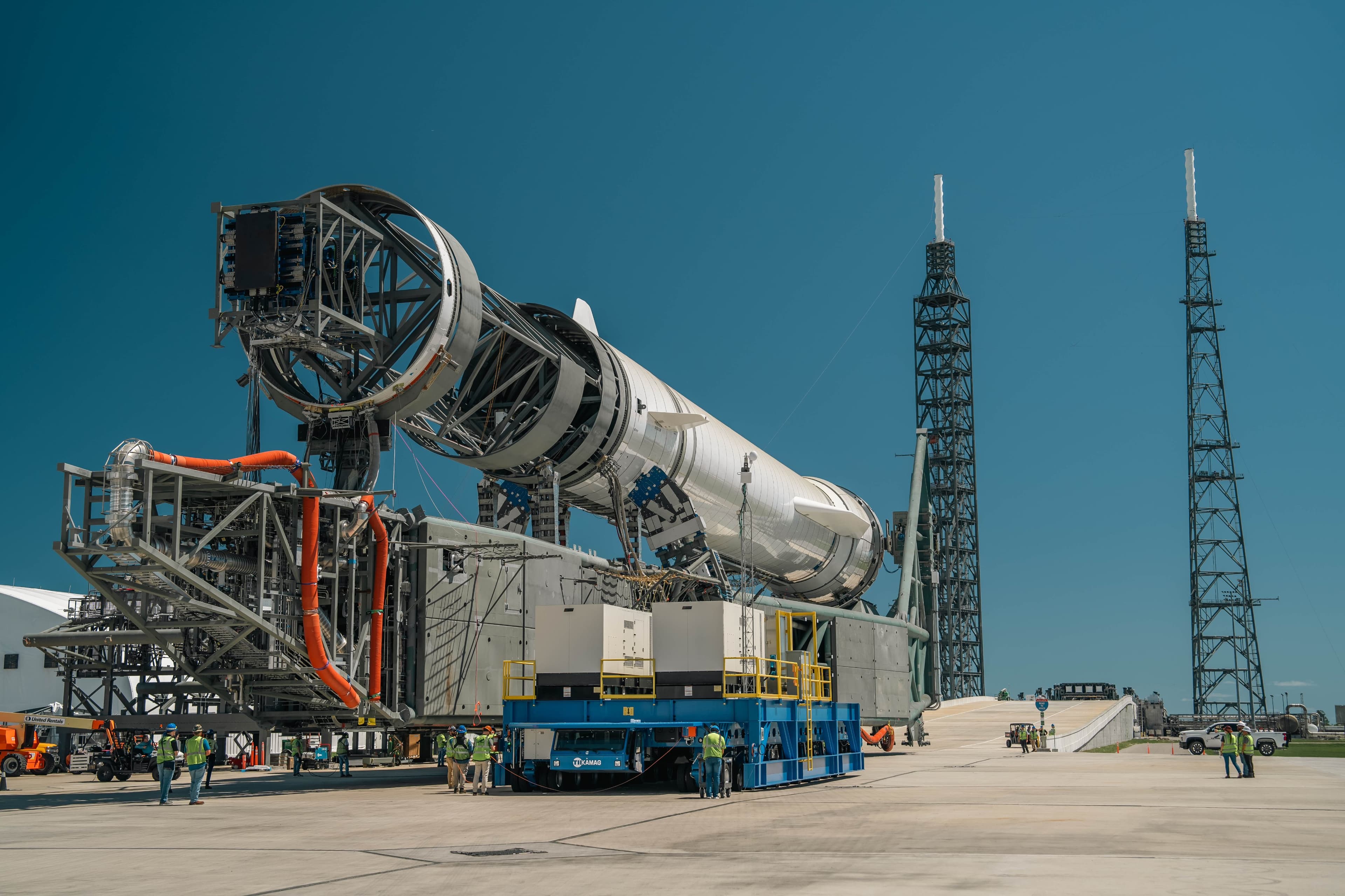 Blue Origin New Glenn launch vehicle being rolled out for pad operations