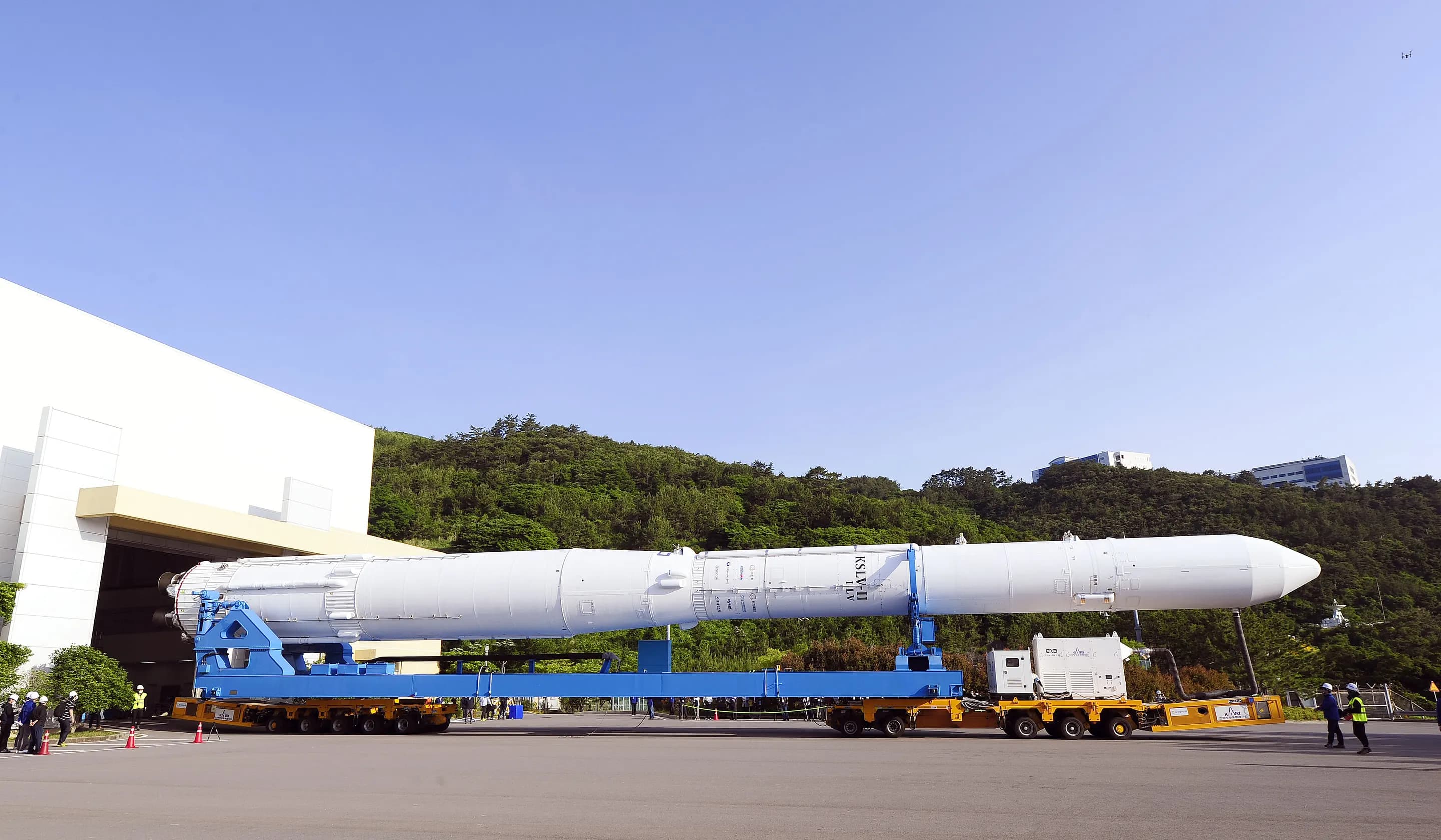 South Korea's Nuri launch vehicle rolling out from the assembly facility at Naro Space Centre