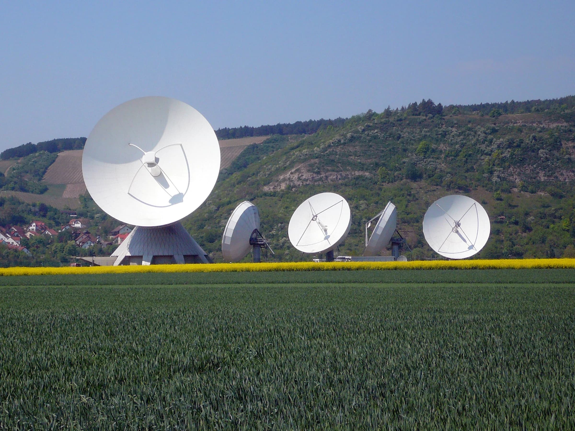 Large satellite communications dishes at Fuchsstadt Earth Station in Germany