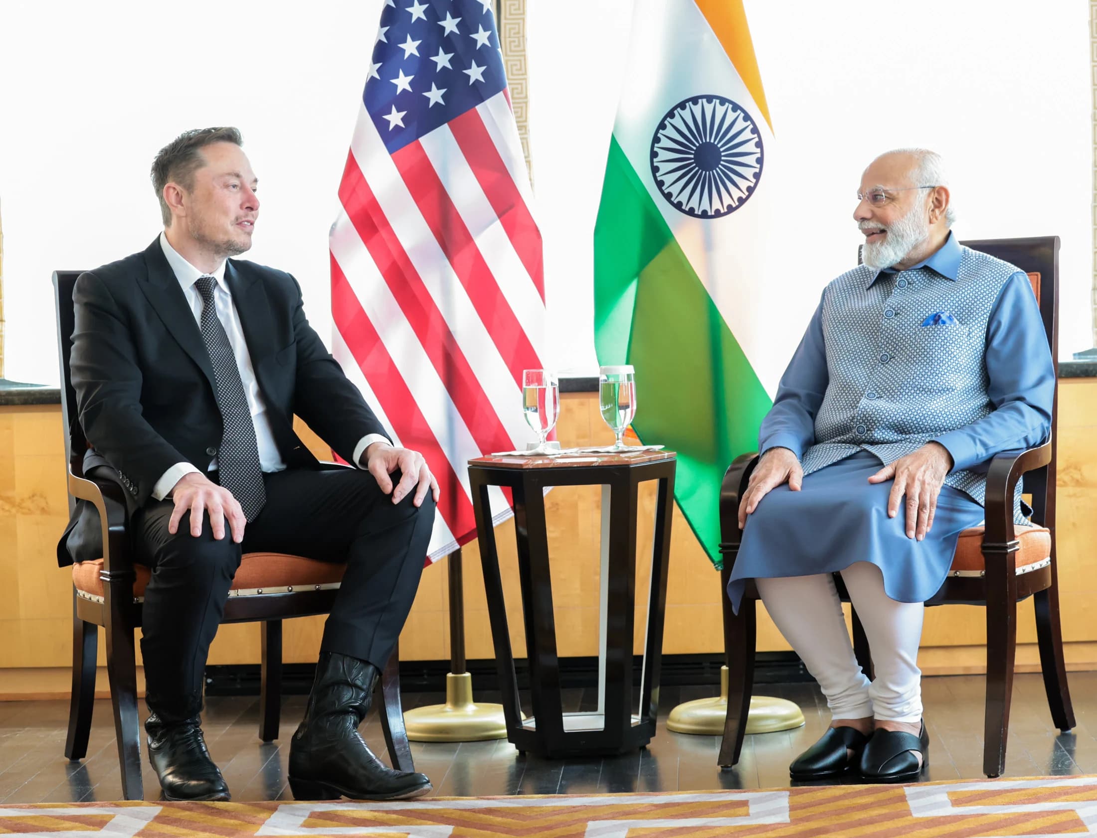 Elon Musk and Narendra Modi seated together during their June 2023 meeting in New York