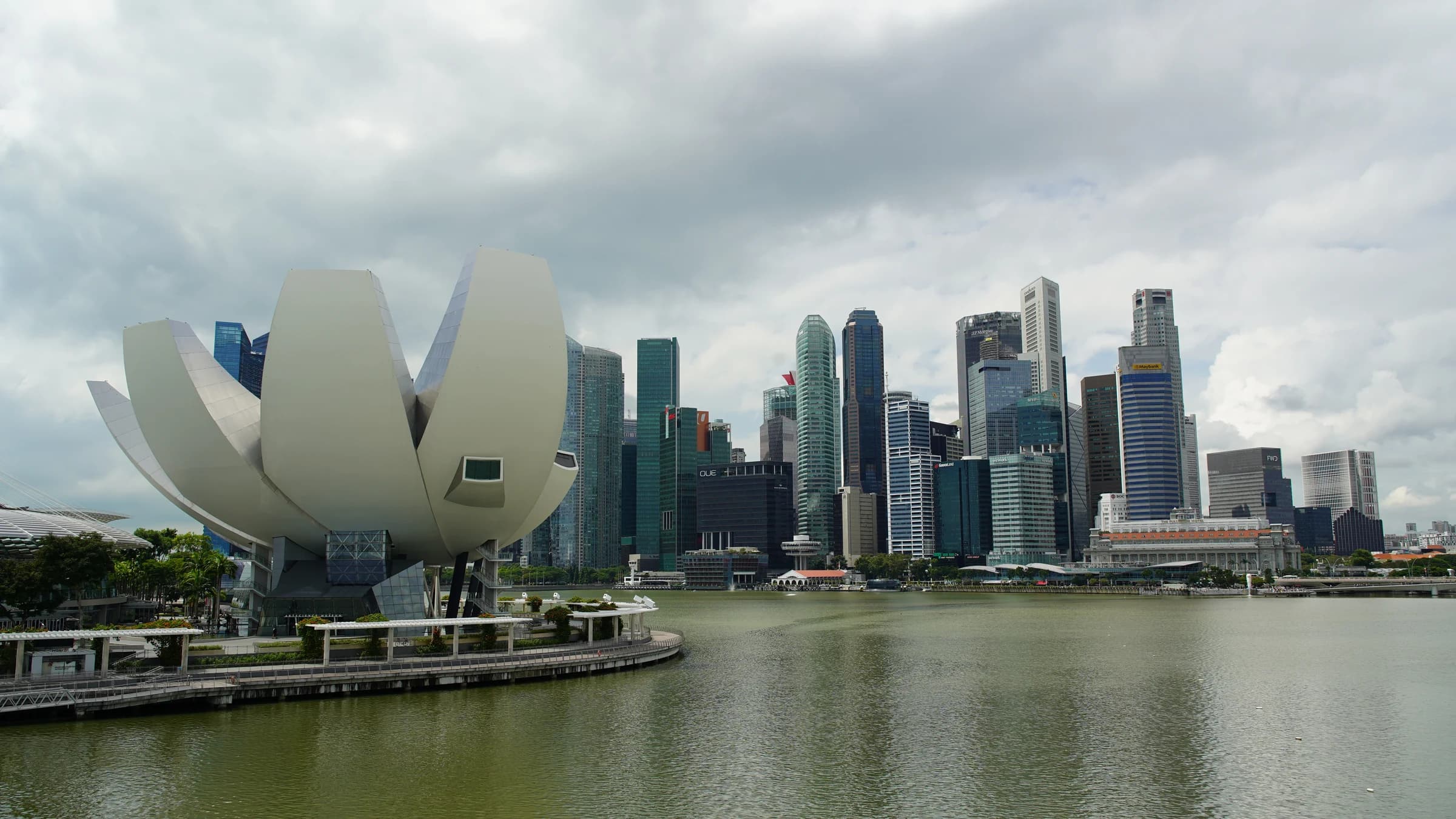 The Singapore skyline and ArtScience Museum viewed across Marina Bay