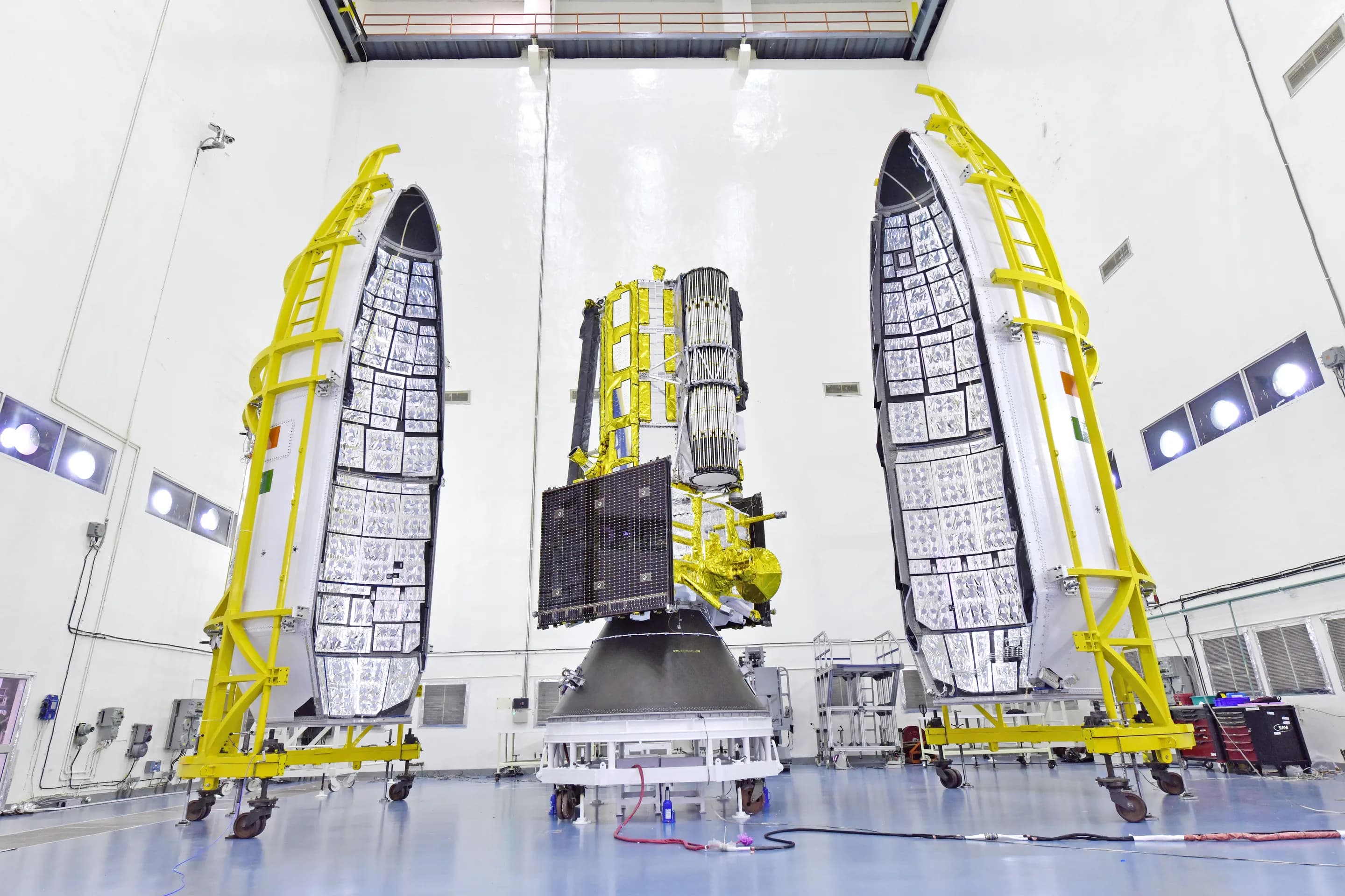 The NASA-ISRO NISAR Earth-observation satellite being integrated inside its launch vehicle payload fairing