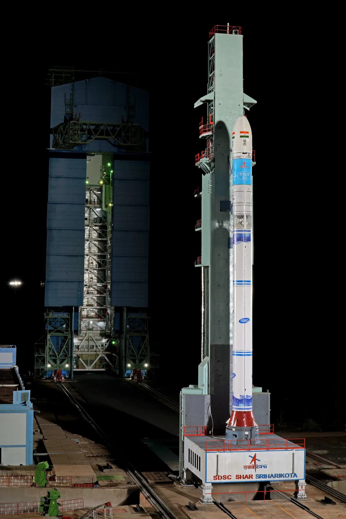 SSLV-D3 at the First Launch Pad with the mobile service tower partly retracted