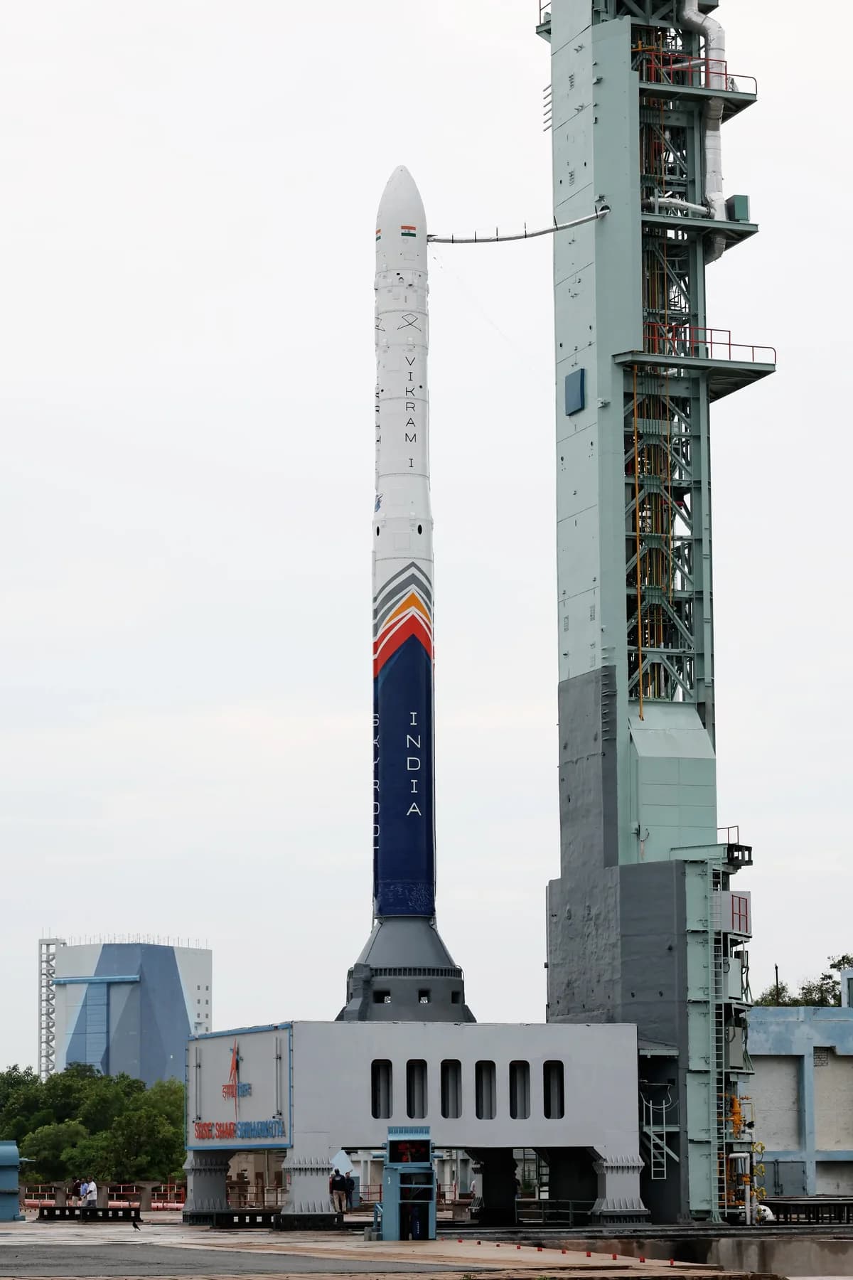 Skyroot's Vikram-1 rocket standing on its launch pad at Satish Dhawan Space Centre